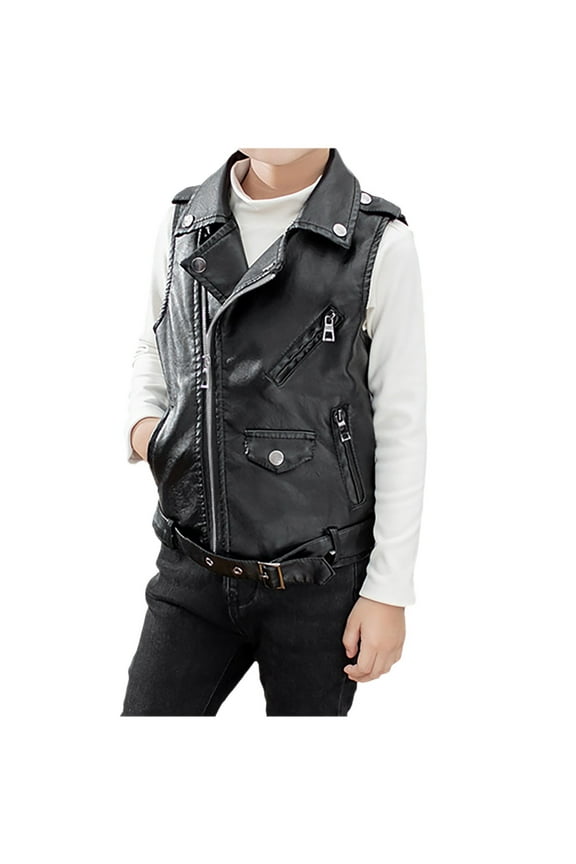 Kids Boys Girls Leather Motorcycle Vest Style Biker Coat, Zipper Black Coat Jacket, Motorcycle Sleeveless Leather Jacket, Black, 7-8 Years
