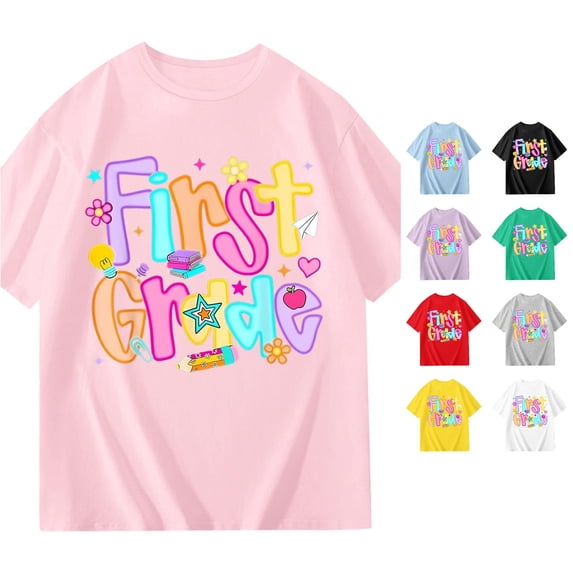 SGMVNU Kids First Grade T Shirts for Girls Back to School Graphic Tees Short Sleeve Soft Summer Casual Tops, Size 5-6 Years, Pink