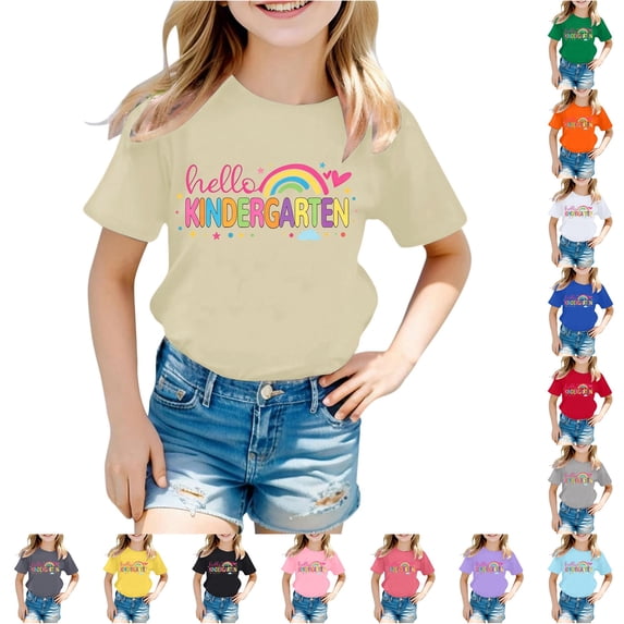 SGMVNU Kids Kindergarten Shirts Unisex Short Sleeve Crew Neck Letter Print Casual Soft Tees for School Days, Size 10-11 Years, Khaki