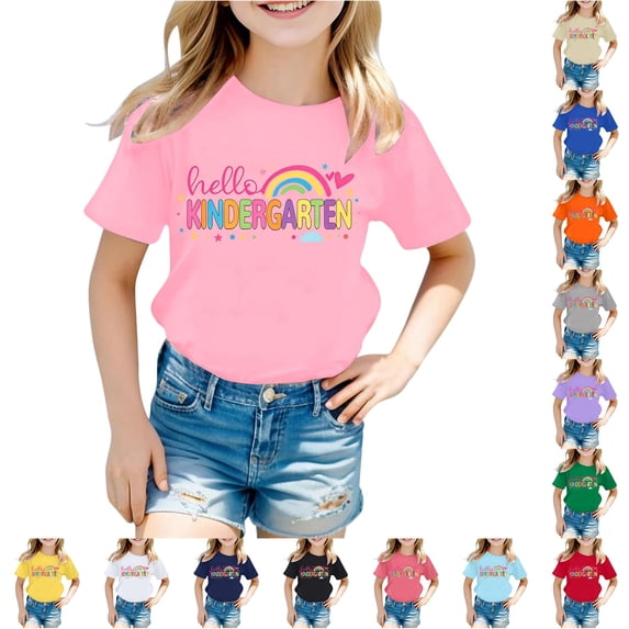 SGMVNU Kids Kindergarten Shirts Unisex Short Sleeve Crew Neck Letter Print Casual Soft Tees for School Days, Size 12-13 Years, Pink