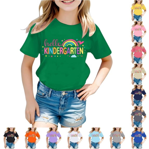 SGMVNU Kids Kindergarten Shirts Unisex Short Sleeve Crew Neck Letter Print Casual Soft Tees for School Days, Size 6-7 Years, Green