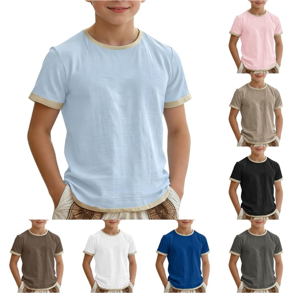 SGMVNU Kids Linen Tops Boys Trendy Casual Short Sleeve Round Neck Relaxed Fit Soft Lightweight Summer T-Shirt, Size 11-12 Years, Light Blue