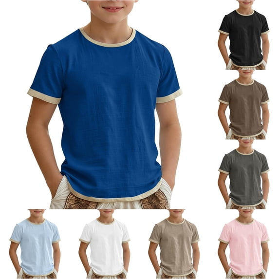 SGMVNU Kids Linen Tops Boys Trendy Casual Short Sleeve Round Neck Relaxed Fit Soft Lightweight Summer T-Shirt, Size 9-10 Years, Blue