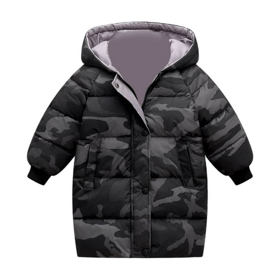 SGMVNU Kids Mid Long Winter Down Coats for Boys Girls Button and Zip up Quilted Puffer Jacket Windproof Snowwear Outerwear with Hood Warm Clothes(Size 18-24 Months, Camouflage)