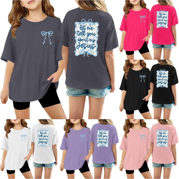 SGMVNU Kids Oversized T Shirts Casual Crew Neck Short Sleeves Front Bow and Back Letter Print Graphic Tee Tops, Size 3-4 Years, Grey