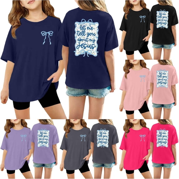 SGMVNU Kids Oversized T Shirts Casual Crew Neck Short Sleeves Front Bow and Back Letter Print Graphic Tee Tops, Size 3-4 Years, Navy