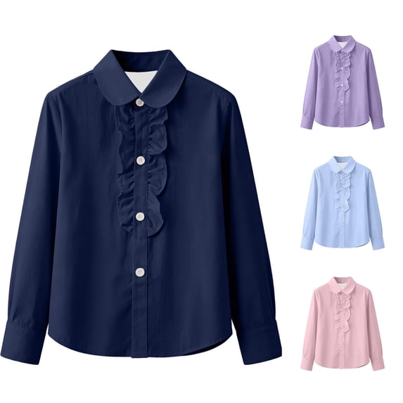 SGMVNU Kids School Uniform Girls Boys Lapel Long Sleeve Frill Button Down Dress Shirt Spring Fall Blouse, Size 15-16 Years, Navy