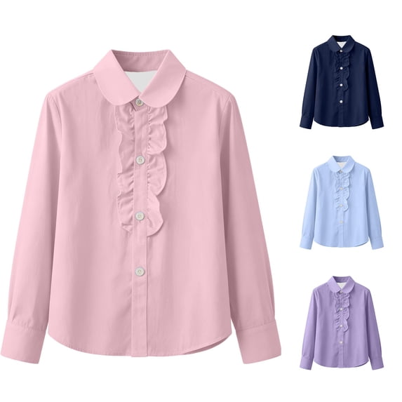 SGMVNU Kids School Uniform Girls Boys Lapel Long Sleeve Frill Button Down Dress Shirt Spring Fall Blouse, Size 16-17 Years, Pink
