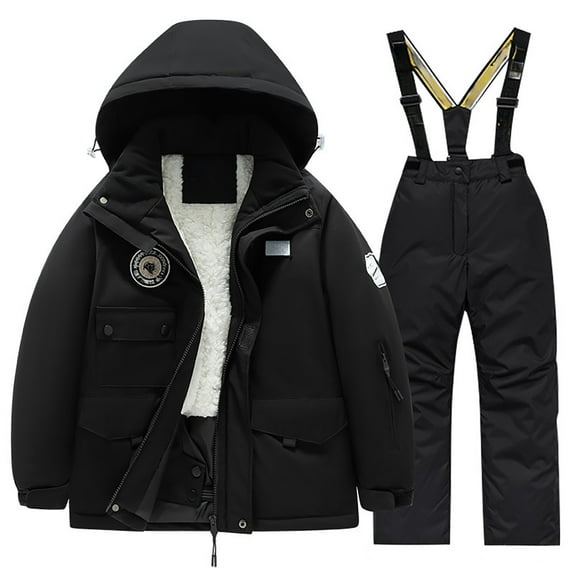 SGMVNU Kids Snowsuit Ski Suit Pants Jacket Waterproof Snowbibs for Boys Girls Windproof Down Coat and Bib Overall Snowboard Pants Size 12-14 Years Black