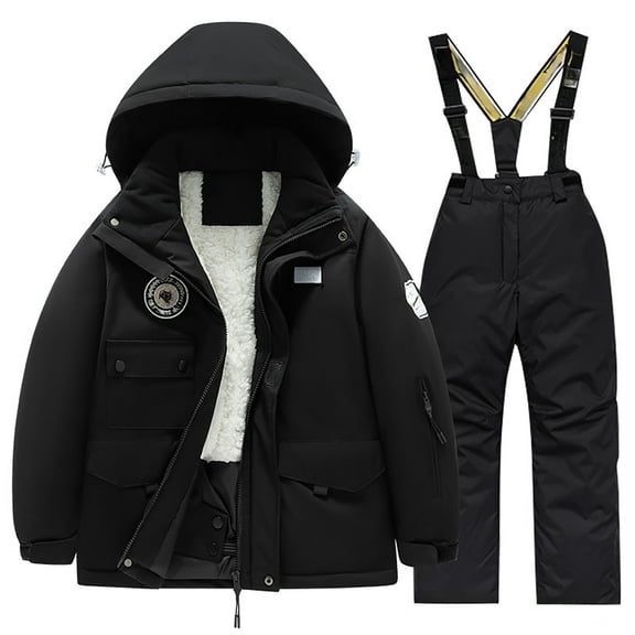 SGMVNU Kids Snowsuit Ski Suit Pants Jacket Waterproof Snowbibs for Boys Girls Windproof Down Coat and Bib Overall Snowboard Pants Size 12-14 Years Black