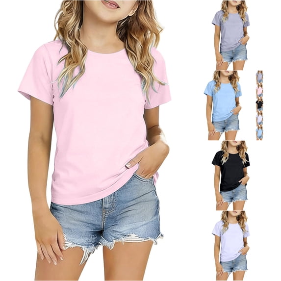 SGMVNU Lightweight Cool Shirts for Girls Casual Crew Neck Short Sleeve Solid Color Top Kids Summer Outdoor Tops, Size 3-4 Years, Pink