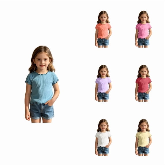 SGMVNU Lightweight Cool Shirts for Girls Lettuce Ribbed Crew Neck Short Sleeve Solid Summer Outdoor Top, 11-12 Years, A1-Blue