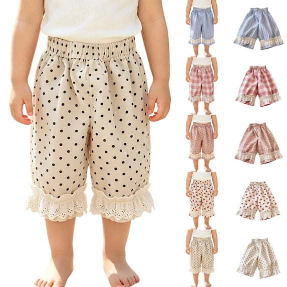 SGMVNU Little Girls Dots Cotton Pants with Ruffle Lace Lightweight Summer Casual Elastic Waist Barrel Trousers, Size 5-6 Years, Beige-Dots