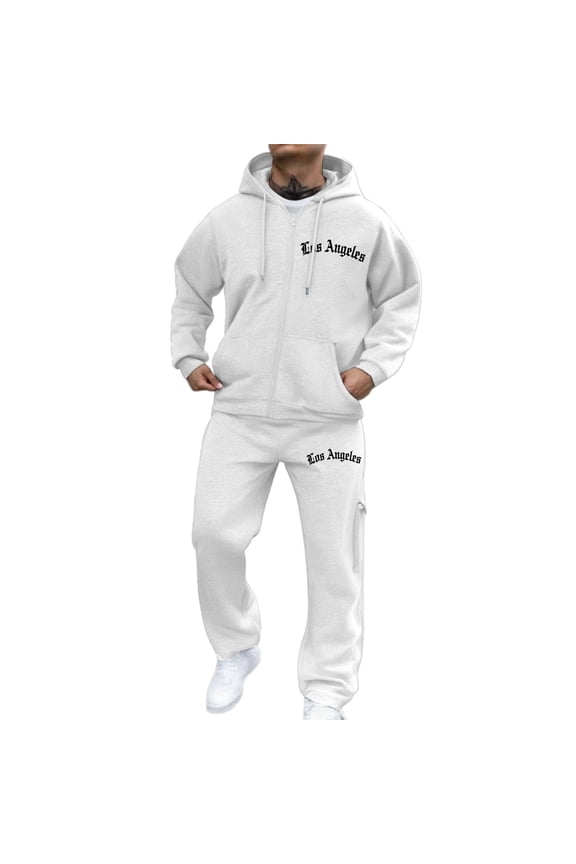 Men's Casual Sweatsuits 2 Piece Set Men's Winter Letter Printed Fashionable Casual Large Sized Loose Zipper Hooded Sweatshirt Set Casual Athletic Tracksuits(White, XL)