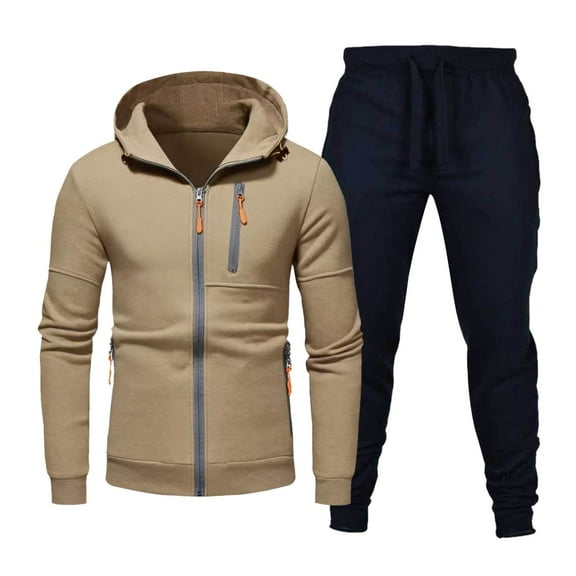 SGMVNU Men's Jogging Tracksuit Set Men's Zipper Hoodie Casual Hooded Sweatshirt Two Piece Suit Sport Comfort Suit Sets for Fall Winter(Khaki, XL)