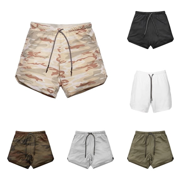 SGMVNU Men's Running Shorts with Liner, 2 in 1 Drawstring Waist Athletic 5 Inch Sports Shorts with Back Zipper Pocket, Size L, Beige