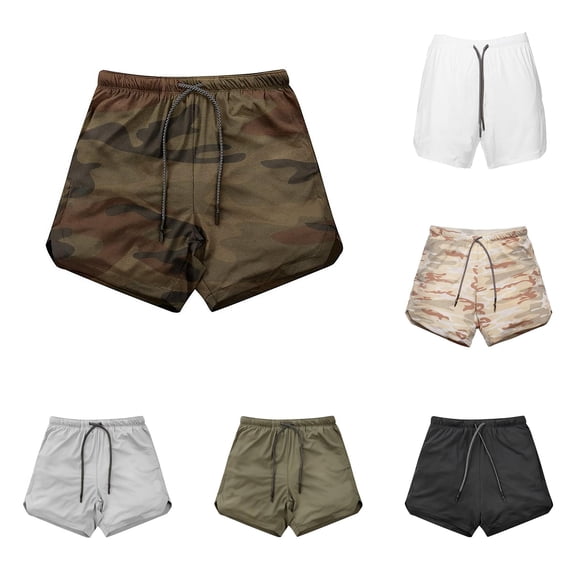 SGMVNU Men's Running Shorts with Liner, 2 in 1 Drawstring Waist Athletic 5 Inch Sports Shorts with Back Zipper Pocket, Size L, Camouflage