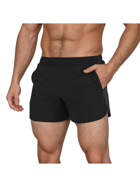 Men's Swim Trunks Beach Board Shorts Side Slit Casual Elastic Waist Bathing Suit Swimwear with Pockets, 1-Black, Size M