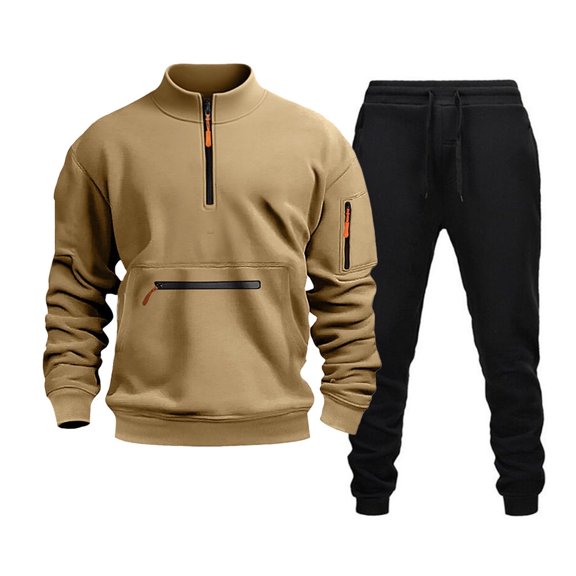 SGMVNU Mens Sweatsuit Soft Fall Winter Solid Sweatshirt For Outdoor Workout Wear Fashion Layering Outfit 2 Piece Fall Outfits Sport Sweat Suit(Khaki, L)