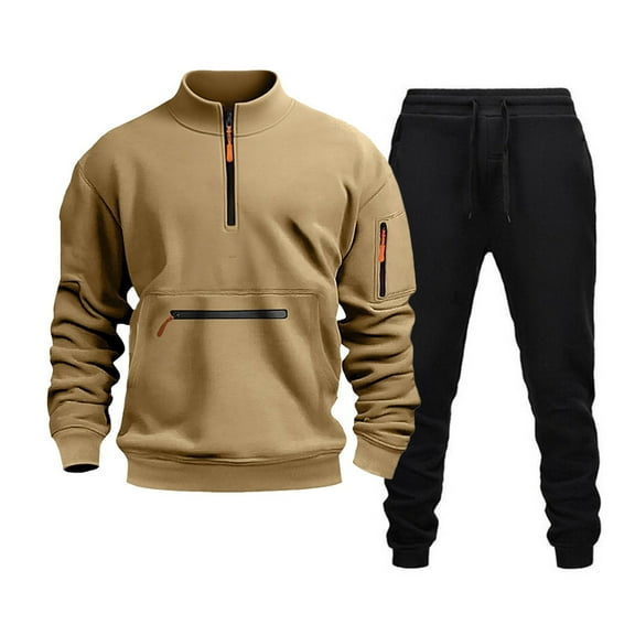 SGMVNU Mens Sweatsuit Soft Fall Winter Solid Sweatshirt For Outdoor Workout Wear Fashion Layering Outfit 2 Piece Fall Outfits Sport Sweat Suit(Khaki, S)