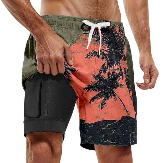 SGMVNU Mens Swim Trunks with Compression Liner Tropical Print Beach Board Shorts Drawstring Waist Swimwear with Pocket, 2-Army Green, Size 3XL