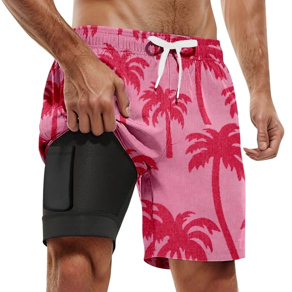 SGMVNU Mens Swim Trunks with Compression Liner Tropical Print Beach Board Shorts Drawstring Waist Swimwear with Pocket, 3-Pink, Size 4XL