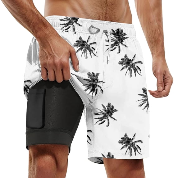 SGMVNU Mens Swim Trunks with Compression Liner Tropical Print Beach Board Shorts Drawstring Waist Swimwear with Pocket, 4-White, Size 3XL