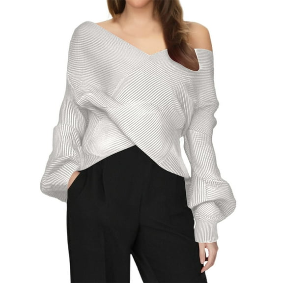 SGMVNU Off The Shoulder Sweater for Women Winter Fall Fashion 2025 V Neck Long Sleeve Ribbed Knit Wrap Cropped Sweaters(White, L)