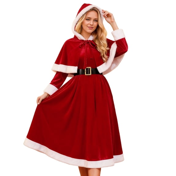 SGMVNU Santa Costume for Women Velvet Santa Costume Cosplay Christmas Dress Hooded Min Dress with Belt for Christmas(yr251204_1-Red, S)
