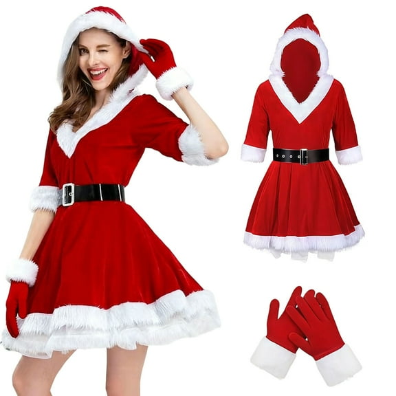 SGMVNU Santa for Women Velvet Santa Christmas Dress Hooded Min Dress with Belt for Christmas(yw251204_5-Red, 3XL)