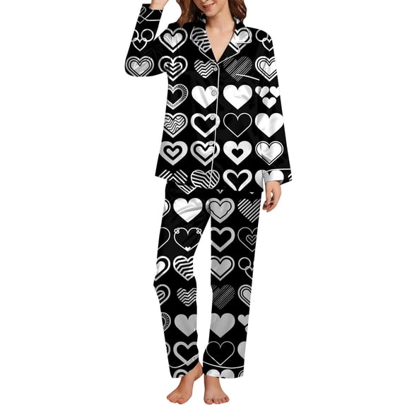 SGMVNU Satin Silk Pajamas for Women Set Valentine's Day Bow/Heart Print Pjs Button Up Shirt Pants 2 Piece Valentine Jammies(Size L, Black-B)