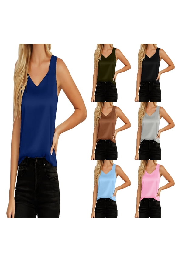 Satin Tank Tops for Women Loose Fit Sleeveless V Neck Cami Camisole Blouses Shirt Top Size: XL Navy