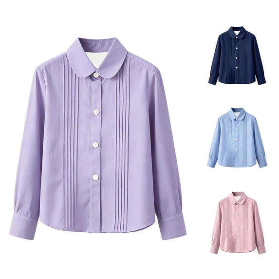 SGMVNU School Uniform for Girls Boys Long Sleeve Pleated Dress Shirt Lapel Collar Button Down Blouse Spring Fall, Size 11-12 Years, Purple