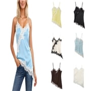 SGMVNU Silk Lace Camisole Tops for Women Lace Patchwork Cami Tank Dress Asymmetric Satin Layering Tops Size S Blue