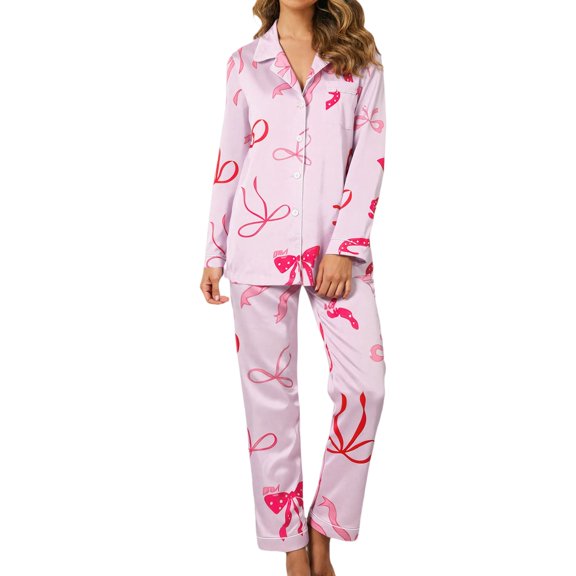 SGMVNU Silky Pajamas for Women Set 2 Piece Long Sleeve Pj Sets Women's Satin Sleepwear Button Down Loungewear Set(Size S, Pink-2)