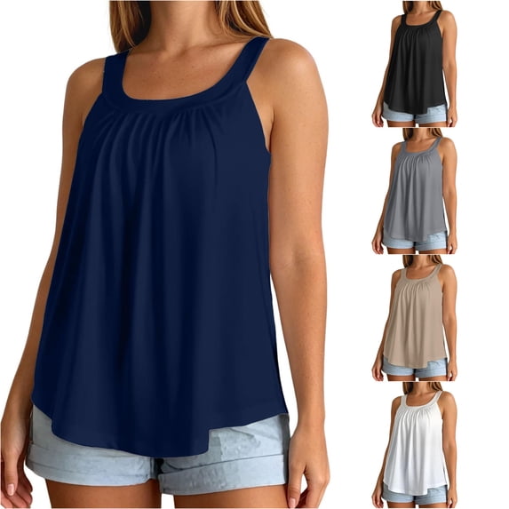 SGMVNU Sleeveless Tank Tops for Women Built in Bra Square Neck Pleated Flowy Loose Fit Summer Blouse Camisole Tanks, Blue, Size S