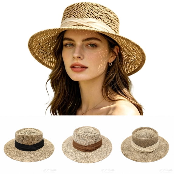 SGMVNU Straw Boater Summer Sun Hats for Women, Ribbon Wide Brim Fedora Panama Flat Top Packable Summer Beach Hat for Travel, One Size, Beige