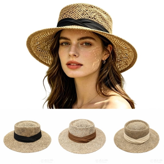 SGMVNU Straw Boater Summer Sun Hats for Women, Ribbon Wide Brim Fedora Panama Flat Top Packable Summer Beach Hat for Travel, One Size, Black