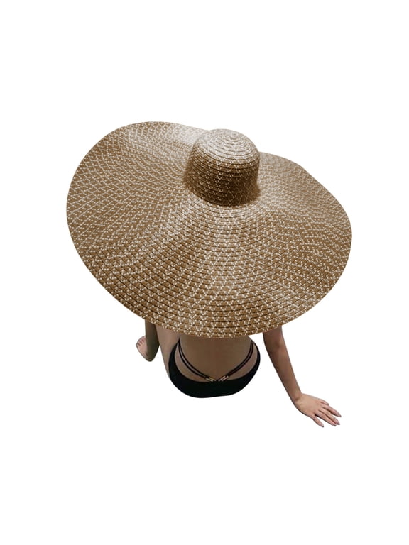 Straw Sun Hat for Women Big Wide Brim Rollable Packable Solid Color Beach Hats for Summer Travel, Coffee, One Size