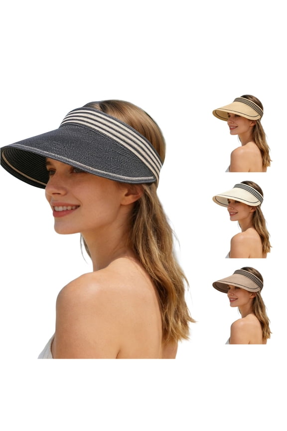Straw Sun Visors Hats for Women Clip On Wide Brim Ponytail Open Top Summer Cap for Beach Travel Outdoor Sports, One Size, Black