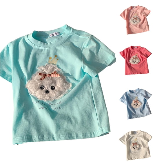 SGMVNU Summer Cotton T Shirts for Girls 3D Puppy Dogs Applique Short Sleeves Casual Tee Soft Comfort Clothes, Size 11-12 Years, Green