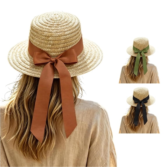 SGMVNU Summer Straw Sun Hats for Women with Bowknot, Wide Brim Retro Flat Top Panama Boater Straw Vacation Beach Hat, One Size, Orange