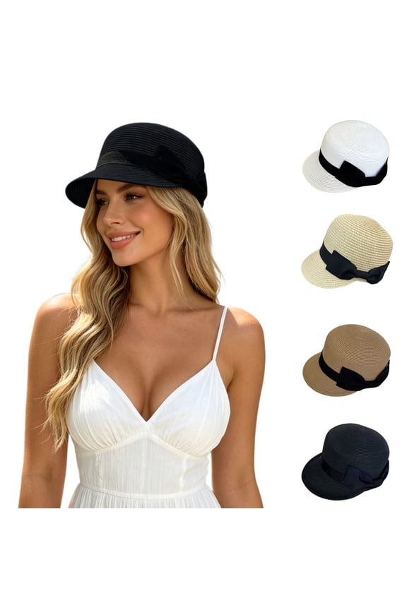 Summer Straw Visor Hats for Women with Bow, Foldable Floppy Wide-Brimmed UPF Travel Beach Hat Bucket Sun Hats, One Size, Black