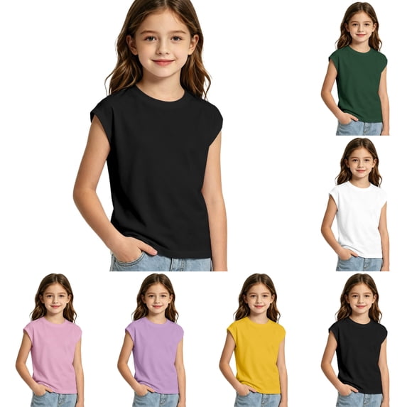 SGMVNU Summer T Shirts for Girls Cap Sleeve Classic Crew Neck Relaxed Fit Solid Color Stylish Tee Tops, 7-8 Years, A1-Black