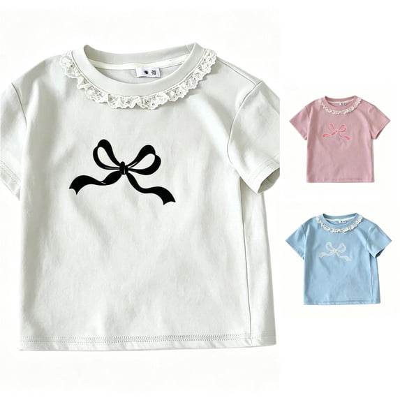SGMVNU Summer T Shirts for Girls Trendy Casual Lace Trim Round Neck Short Sleeve Bow Printed Tops for Girls, Size 8-9 Years, White