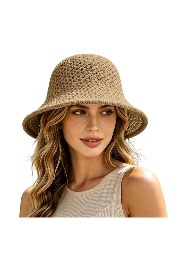 Sun Hat for Women Summer Straw Beach Hats Floppy Crochet Hat Travel Bucket Hat Foldable Packable, One Size, Khaki