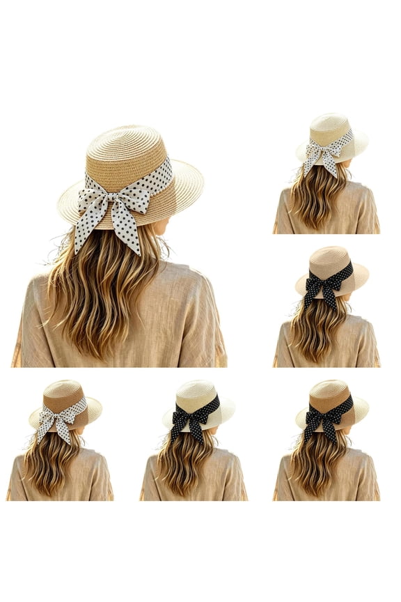 Sun Hats for Women, Fashion Back Bowknot Wide Brim Retro Flat Top Panama Boater Straw Hats Vacation Beach Hat Packable, One Size, Beige