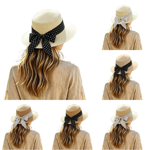 SGMVNU Sun Hats for Women, Fashion Back Bowknot Wide Brim Retro Flat Top Panama Boater Straw Hats Vacation Beach Hat Packable, One Size, Black