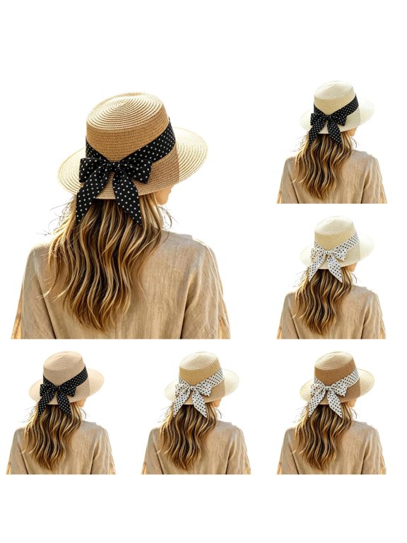 Sun Hats for Women, Fashion Back Bowknot Wide Brim Retro Flat Top Panama Boater Straw Hats Vacation Beach Hat Packable, One Size, Brown