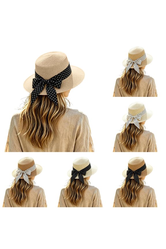 Sun Hats for Women, Fashion Back Bowknot Wide Brim Retro Flat Top Panama Boater Straw Hats Vacation Beach Hat Packable, One Size, Coffee